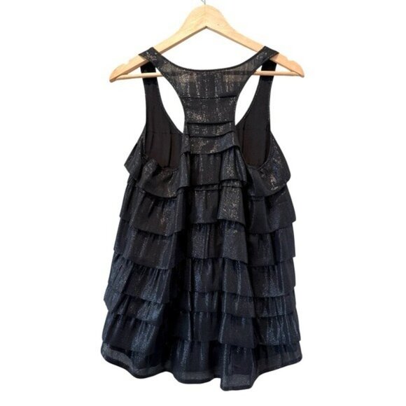 MADISON MARCUS Tiered Ruffled Silk Racerback Top Black Shimmer Size M NEW - Picture 2 of 7